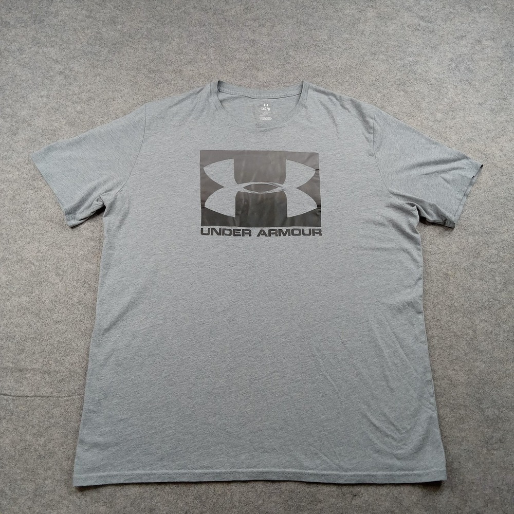 Under Armour Shirt Mens Large Gray Box Logo Graphic Tee Loose Tagless Athletic